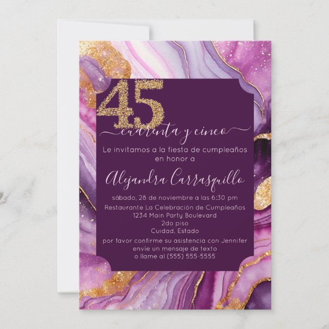 Spanish Pink Purple Agate 45th Birthday Party  Invitation (Front)