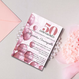 Spanish Pink Rose Floral Balloons 50th Birthday Invitation