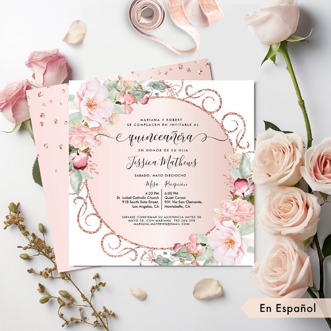 Spanish, Pink, Rose Gold, Blush Floral Quinceanera Invitation (Creator Uploaded)