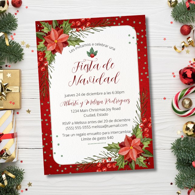 Spanish Poinsettia Fiesta de Navidad Red Christmas Invitation (Creator Uploaded)