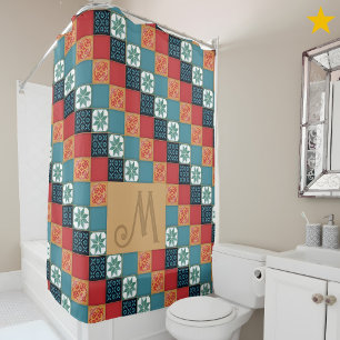 Spanish Portuguese Azulejos Tiles Monogram Initial Shower Curtain