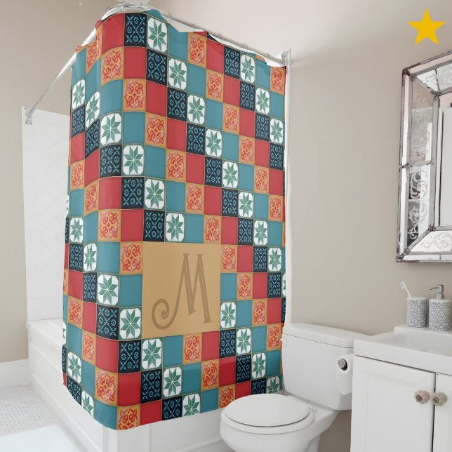 Spanish Portuguese Azulejos Tiles Monogram Initial Shower Curtain (Creator Uploaded)