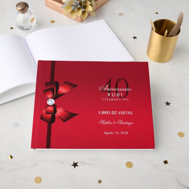 Spanish Posh Gem Bow & Ribbon 40th Wedding  Guest Book (Front Open)