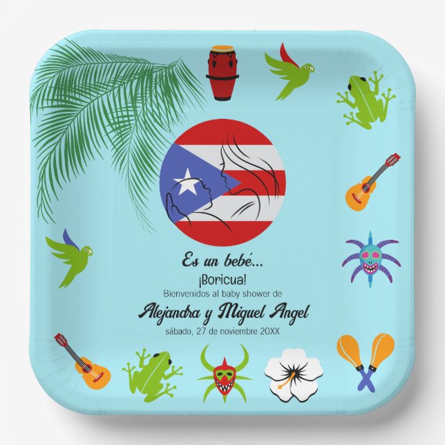 Spanish Puerto Rican Boricua Blue Boy Baby Shower Paper Plate (Front)
