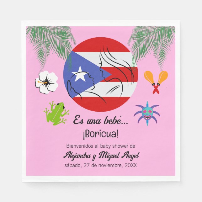 Spanish Puerto Rican Boricua Girl Pink Baby Shower Napkin (Front)