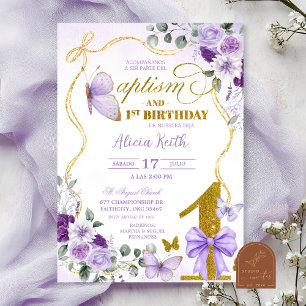 SPANISH Purple Butterfly Bautizo Y Primer Anito Invitation