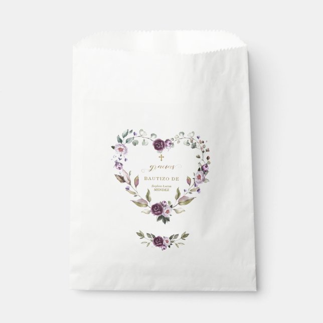 Spanish Purple Pink Flowers Gold Girl Bautizo Favour Bags (Front)