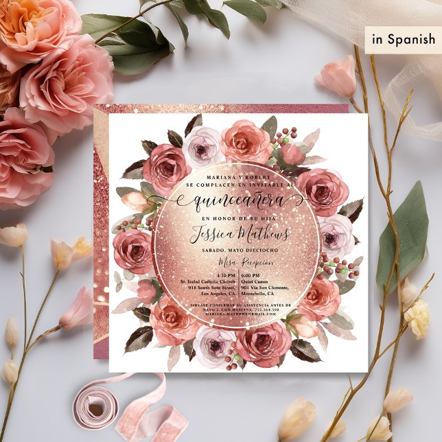 Spanish,Quinceanera Blush Floral Rose Gold Glitter Invitation (Creator Uploaded)