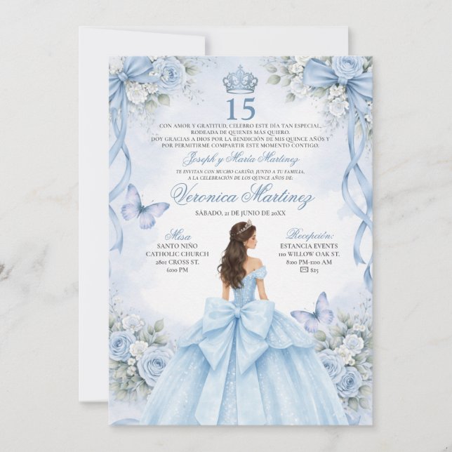 Spanish Quinceañera Dusty Blue 15 Años Princess Invitation (Front)