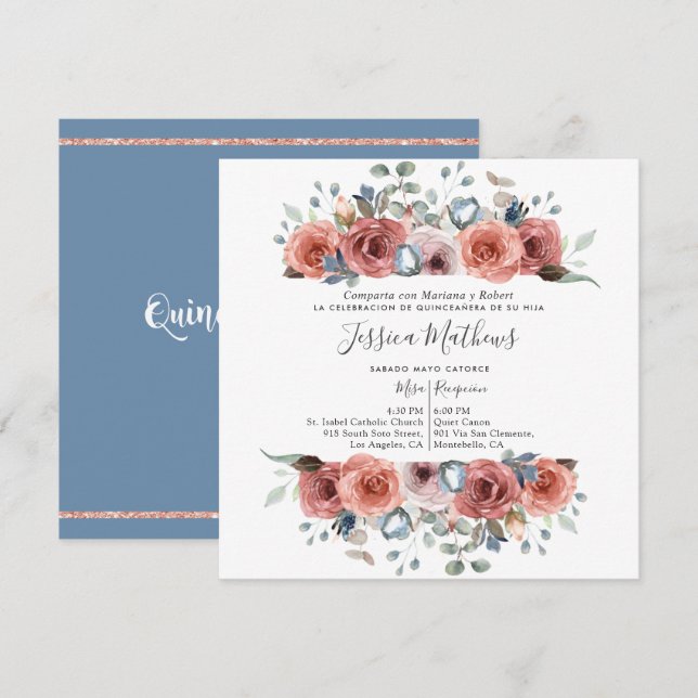Spanish Quinceanera,  Dusty Blue and Pink Floral Invitation (Front/Back)