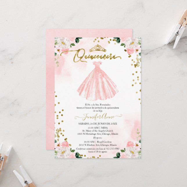 Spanish Quinceanera Invitation Blush Floral Dress (Front/Back In Situ)