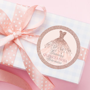 Spanish Quinceañera Mis Quince Pink Rose Thank You Classic Round Sticker