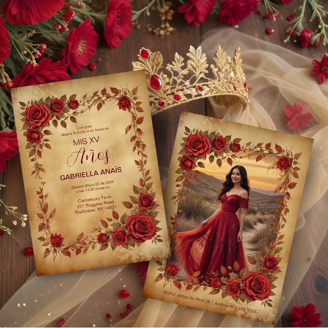 Spanish Quinces Vintage Romantic Photo Red Roses Invitation (Spanish Quinceañera Vintage Romantic Photo Red Roses Frame Invitation Card. )