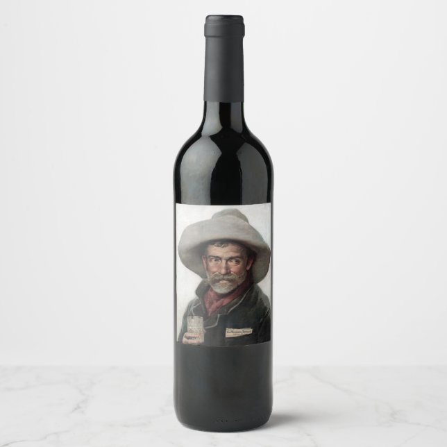 Spanish Ranchero Cowboy in Old West Saloon Wine Label (Front)