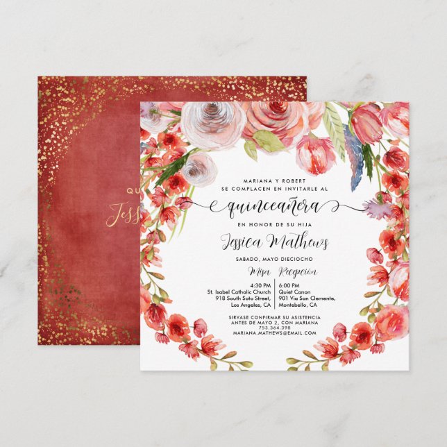 Spanish Red Coral Floral and Glitter Quinceañera Invitation (Front/Back)