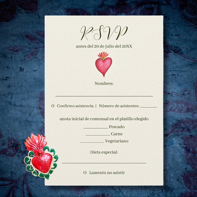 Spanish, Red Heart & Flower Mexican Wedding RSVP Card (Creator Uploaded)