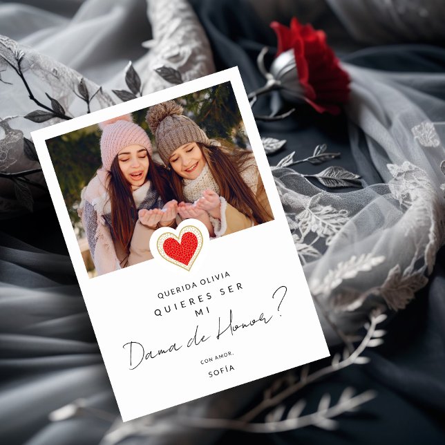 Spanish Red Heart Photo Dama de Honor Quinceañera Invitation (Spanish Fancy Cute Photo Dama de Honor Quinceañera Red Heart Proposal Card. )