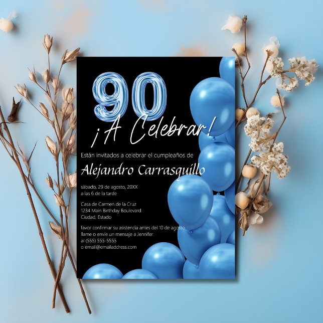 Spanish Refined Blue Balloons Black 90th Birthday Invitation (Creator Uploaded)