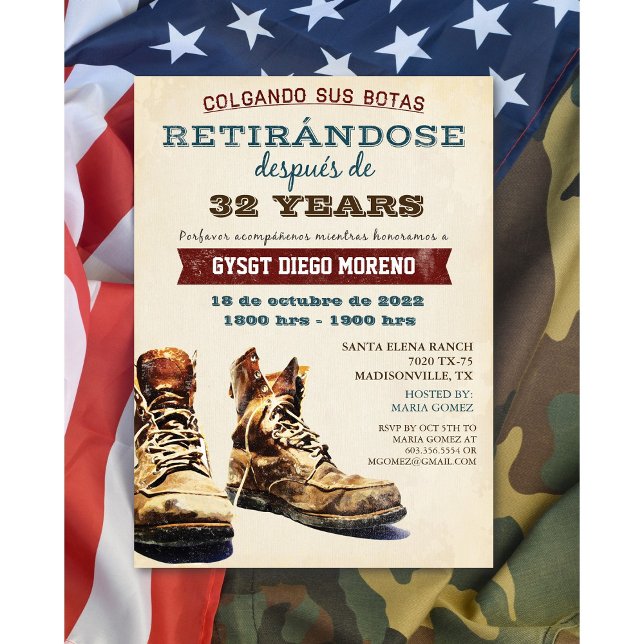Spanish Retirement Military Boots Invitation (Creator Uploaded)