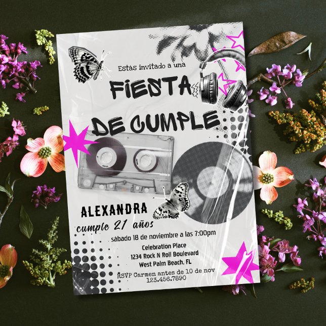 Spanish Retro Music Any Age Black & Pink Birthday Invitation (Creator Uploaded)