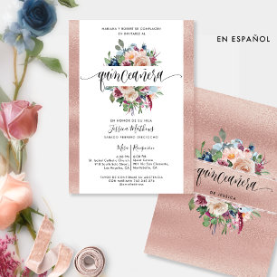 Spanish, Rose Gold Pastel Floral Quinceañera Inv Invitation