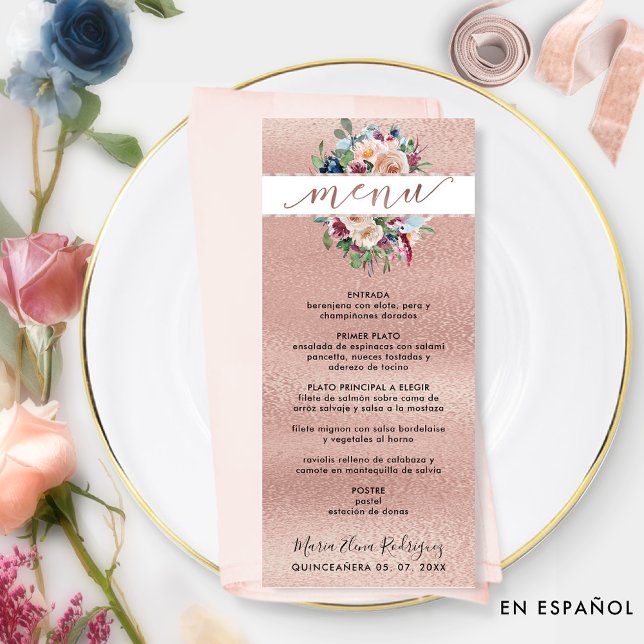 Spanish, Rose Gold Pastel Floral Quinceañera Menu (Creator Uploaded)