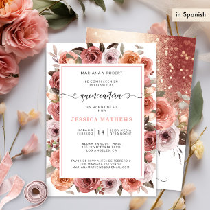 Spanish Rose Gold Quinceañera Pink, Blush Floral Invitation
