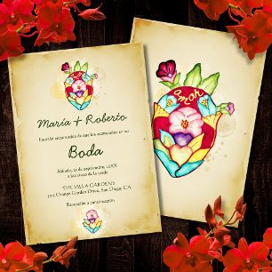 Spanish, Rustic Floral Heart Mexican Wedding  Invitation