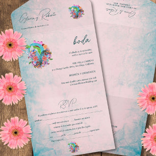 Spanish, Rustic Flowers Heart Mexican Wedding All In One Invitation