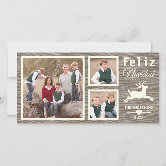 Spanish Rustic Wood Reindeer Beige Navidad Photo Holiday Card (Front)