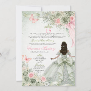 Spanish Sage Green & Pink Princess Floral 15 Años Invitation