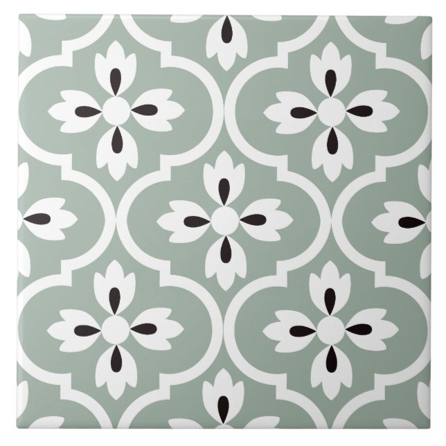 Spanish sage green, white floral black waterdrops  tile (Front)
