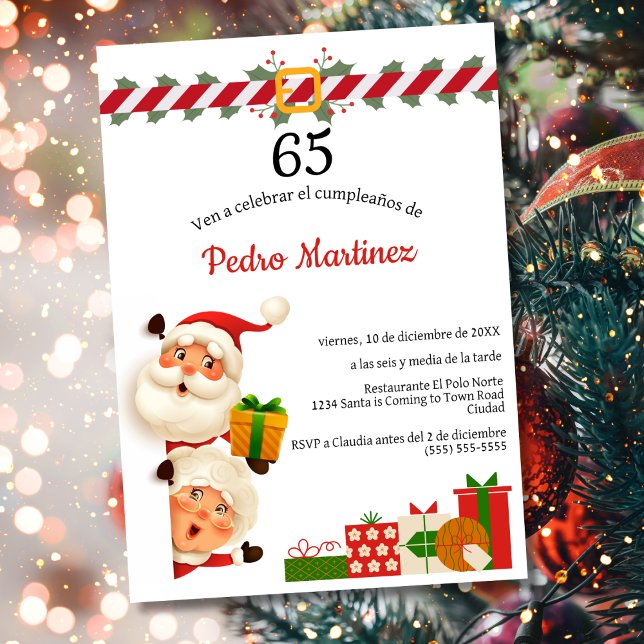Spanish Santa & Mrs Claus Christmas 65th Birthday  Invitation (Creator Uploaded)