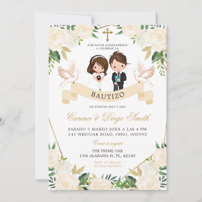 Spanish Sibling Boy Girl Bautizo Invitacion Invitation (Front)