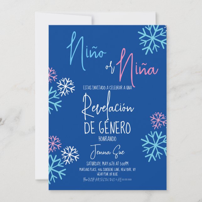 Spanish Snowflakes Pink Blue Gender Reveal Winter  Invitation (Front)