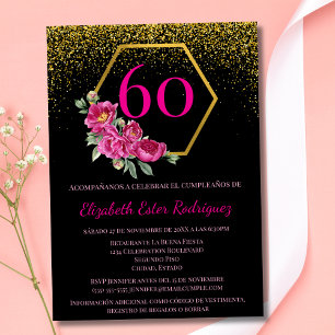 Spanish Sophisticated Black Pink 60th Birthday Invitation