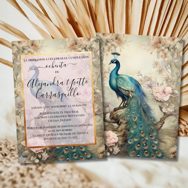 Spanish Sophisticated Blue Peacock 80th Birthday Invitation (Creator Uploaded)