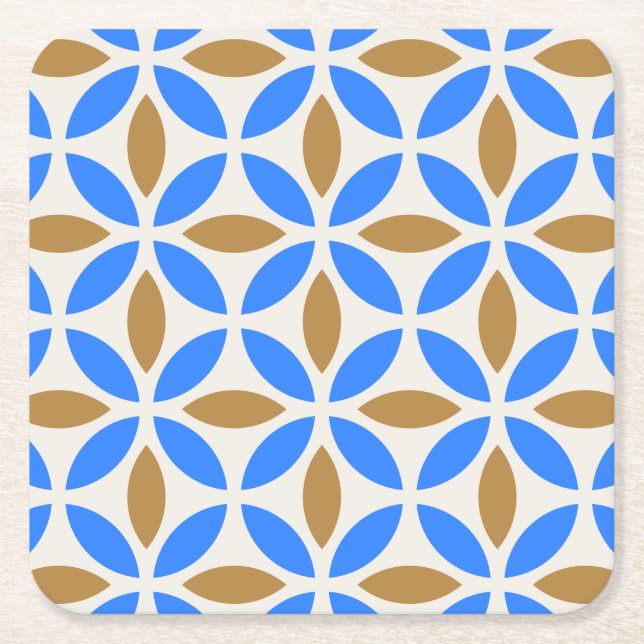 Spanish style blue and brown petals square paper coaster (Front)