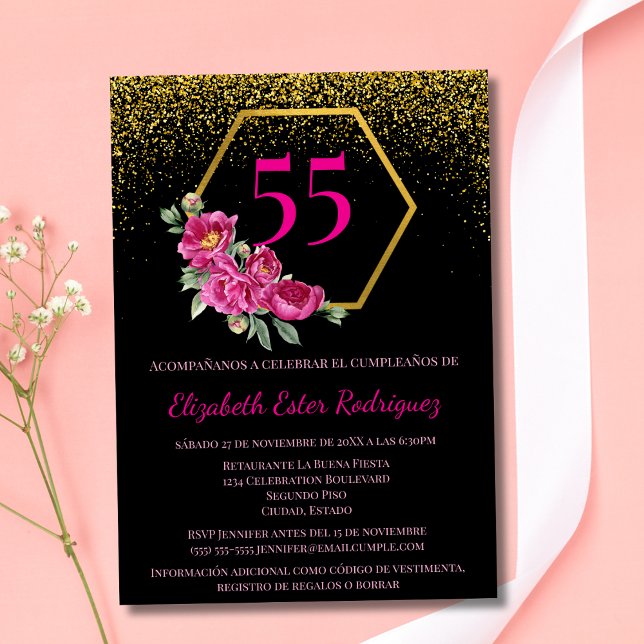Spanish Stylish Black & Gold Pink 55th Birthday Invitation (Creator Uploaded)