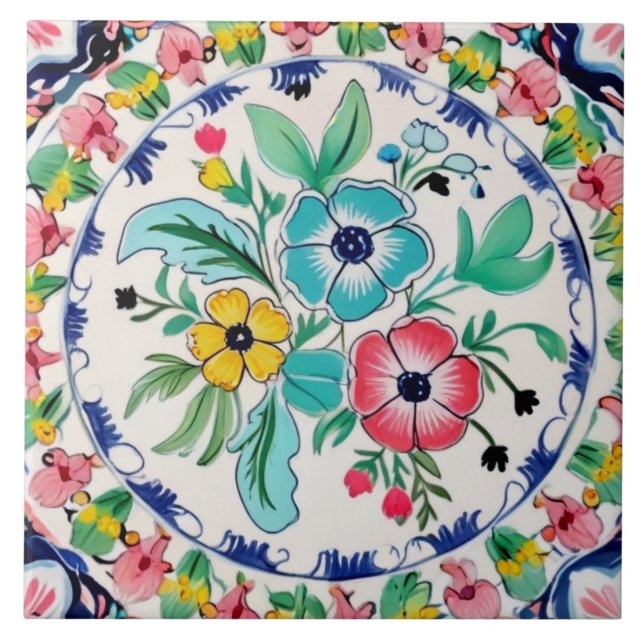 Spanish Summer Colourful Floral Pink & Blue Flower Tile (Front)