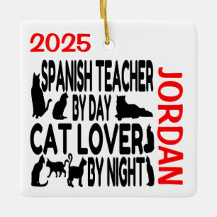 Spanish Teacher Loves Cats CUSTOM Ceramic Ornament