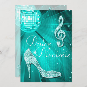 Spanish Teal Disco Ball and Sparkle Heels Sweet 16 Invitation