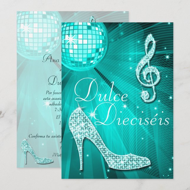 Spanish Teal Disco Ball and Sparkle Heels Sweet 16 Invitation (Front/Back)