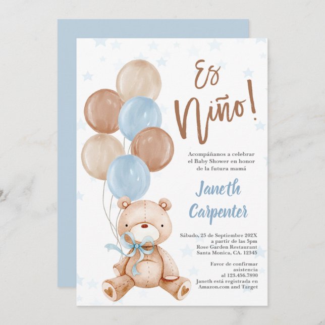 Spanish Teddy Bear Baby shower boy Invitation (Front/Back)