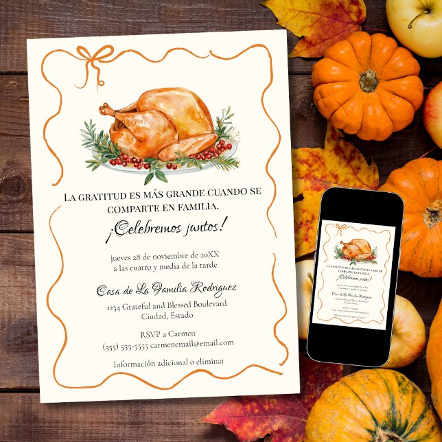 Spanish Thanksgiving Roasted Turkey Orange Bow Invitation (Creator Uploaded)