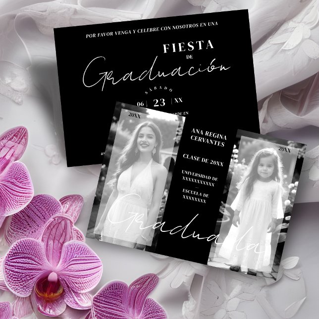 Spanish Then Now Minimal Black White 2 Photos Grad Invitation (Spanish Chic Then & Now Minimal Black & White 2 Photos Graduation Invitation with Envelope.)