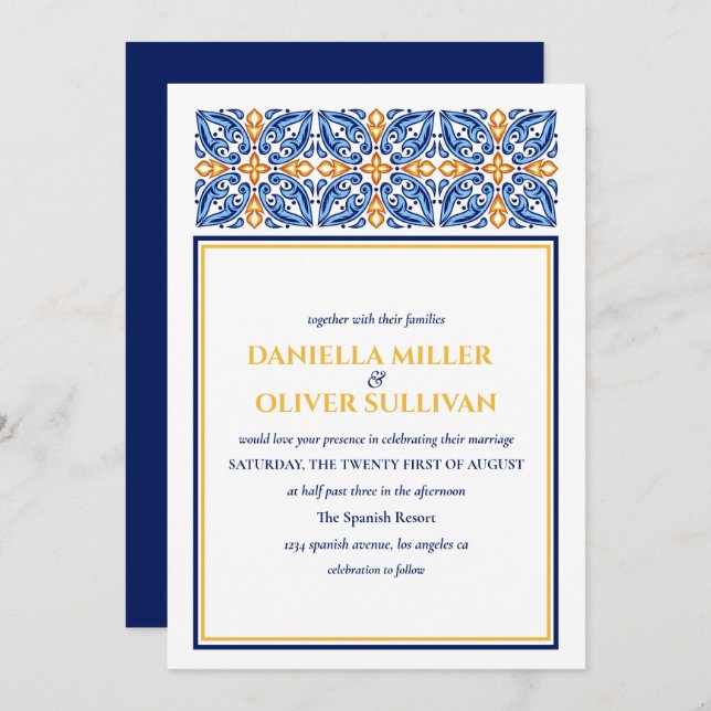 Spanish Tile | Blue Yellow  Mediterranean wedding Invitation (Front/Back)