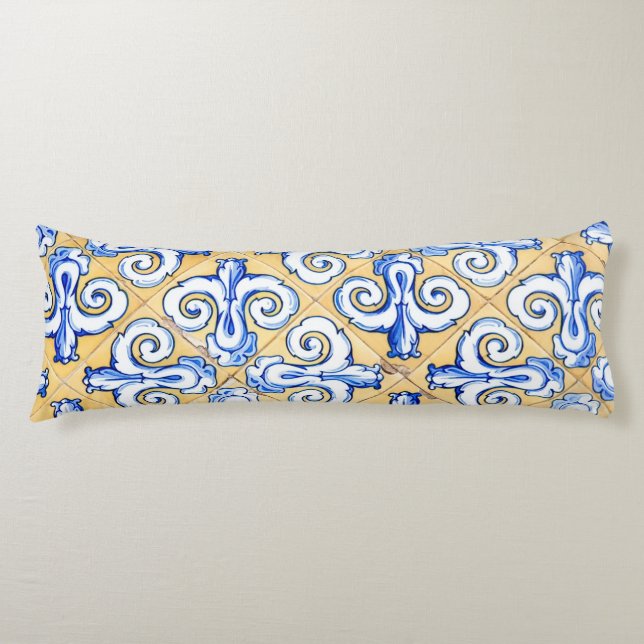 Spanish Tiles - Azulejo Blue, Yellow and White Body Cushion (Front)