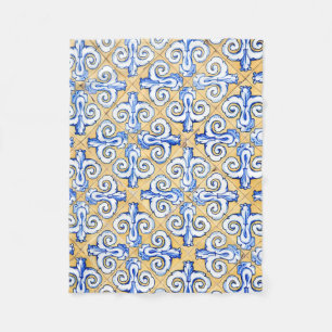 Spanish Tiles - Azulejo Blue, Yellow and White Fleece Blanket
