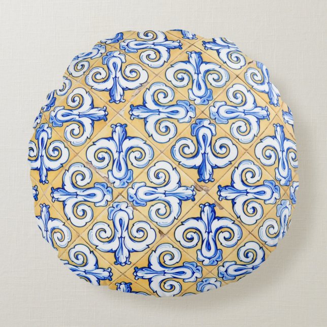 Spanish Tiles - Azulejo Blue, Yellow and White Round Cushion (Front)